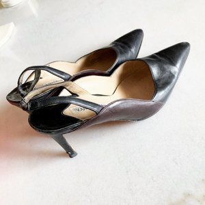 Manolo Blahnik black & brown leather slingback heels, pointed toes, stiletto